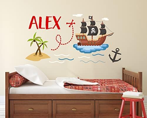 Стикер за стена с пиратски кораб в темата - Стикер на стената с Персонализирани име - Пиратския Декор за спалня Момче - Стикери за стена за деца (30 W x 16)