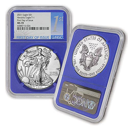 Монета с американски сребърен орел MS70 с тегло 1 унция 2021 г. (Хералдически орел T-1 - Първият ден на издаване