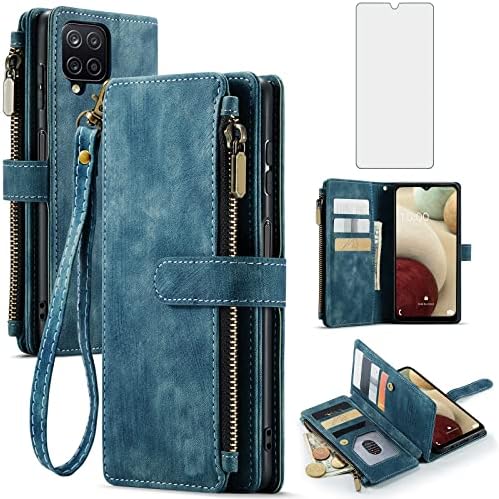 Asuwish Калъф за телефон Samsung Galaxy A12/M12, една чанта-портфейл със защитата на екран от закалено Стъкло, Кожен Флип-Притежател на кредитна карта, Стойка за маса, Аксесоари з