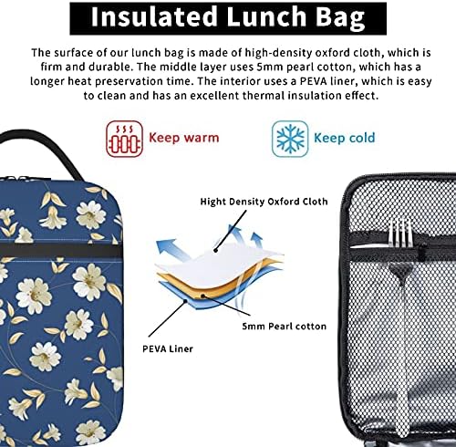 TEIKKIOP синьо цвете обяд чанти чанти за жени, кутия за обяд на сладки многократна употреба с държач за бутилки