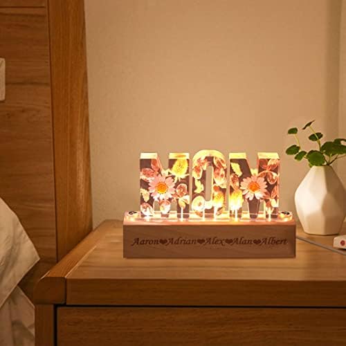 Персонализирани лампа с цветя за мама, Направен по Поръчка нощна светлина със Сухи Цветя за мама с Име, Лампа
