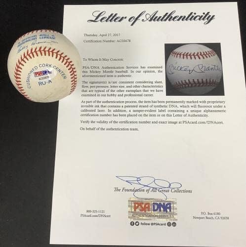 Бейзболни Топки с автограф от Мики Мэнтла, Боби Браун Янкис, Автограф ХОФА PSA/DNA LOA 3 - Бейзболни топки С