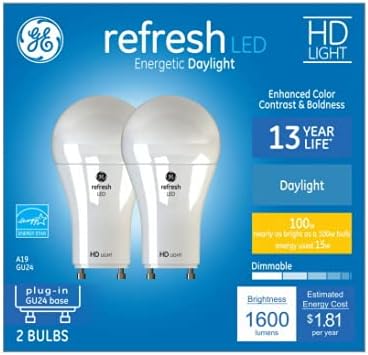 GE Обновяване на LED 100-Ватов Еквивалент на A19 на флуоресцентни Лампи, с регулируема яркост GU24 със сменен цокъл (2 опаковки)