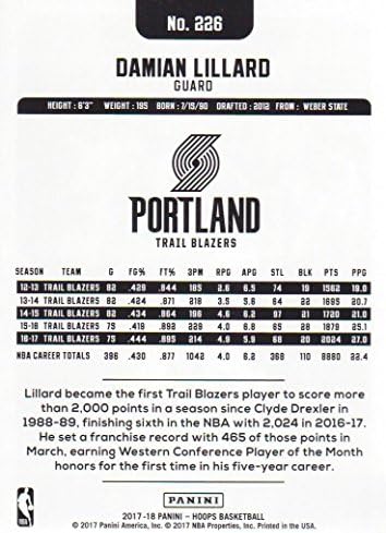 Баскетболно карта Damian Lillard 2017 2018 Панини Hoops 226 Mint Portland Trail Blazers
