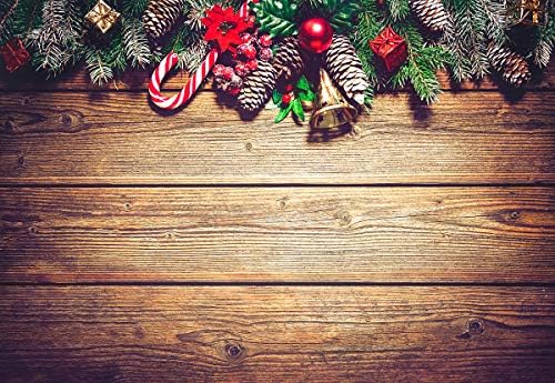 5x3 фута Коледен Селски Дървен Ретро Фон Борови Клони, Тръстика Бонбони Коледна Камбанка Фон