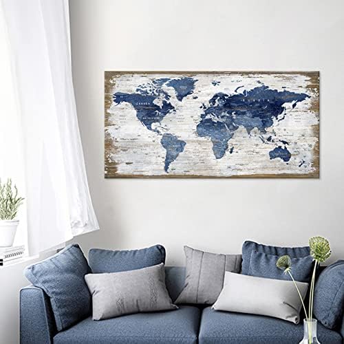 Голяма Реколта Карта на света Платно Стенно Изкуство Тъмно Синя Карта на света Картини върху Платно Ретро Карта Платно произведения на изкуството Щампи за Офис у Д