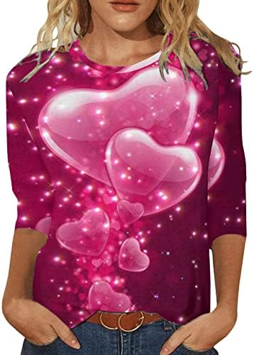 KCJGIKPOK Дамски Летни Тениски с 3/4 ръкав на Свети Валентин е Принт Сърцето си за Любовта, Блуза с ръкав Три