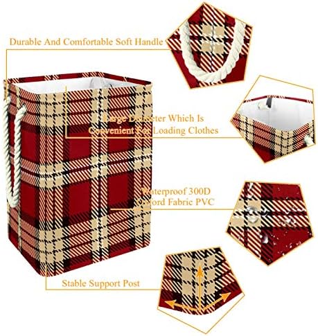 Кошница за дрехи MAPOLO Бежово-Червен в шотландскую клетка Сгъваема Кошница за съхранение на бельо с Дръжки,