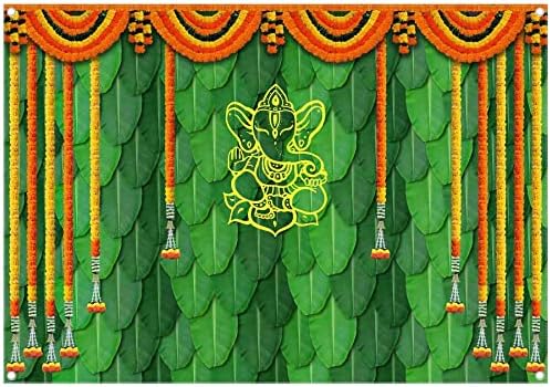 ZTHMOE 7x5ft Плат Индия Пуджа Традиционен Фон За Снимки, Бананов Лист на Зелен Фон Чатия Ганеш Невен Пуджа Ганпати