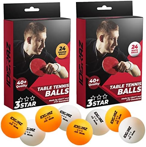 Топки за пинг–понг Idoraz – 24 опаковка на бялото и 24 опаковки оранжево - 3 звезди, 40 + Топки за тенис, подходящи
