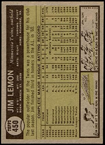 1961 Topps 450 Джим Лемон Миннесотские близнаци (Бейзболна картичка) EX/MT + Близнаци