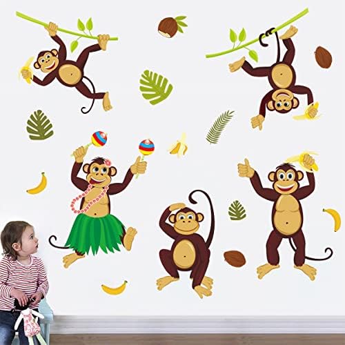 Сладки Етикети с Маймунката На Стената САМ Щастлива Маймуна с Банан, Кокос, Тропически Палмови Листа, Стикери