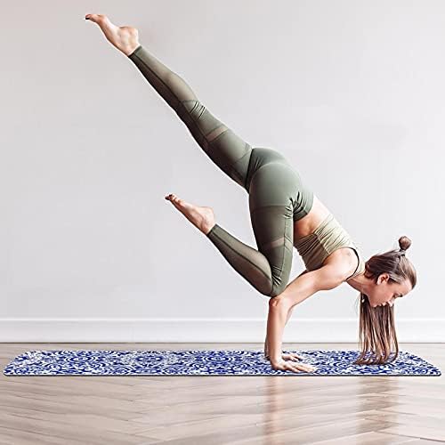 Дебел Нескользящий постелката за йога и фитнес 1/4 със Сини Геометрични Цветен Модел Azulejo за практикуване