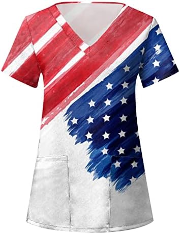 На 4 Юли, Тениски за Жени с Флага на САЩ, Лятна Риза с Къс Ръкав и V-образно деколте и 2 Джобове, Блузи, Празнична
