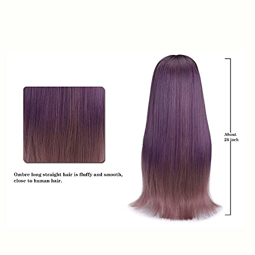 n/a 26-инчов кафяво синьо, лилаво перука омбре с бретон, на дълги прави синтетични косми, естествени перуки