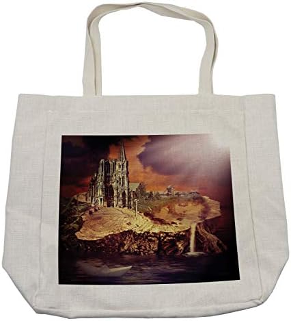 Пазарска чанта Ambesonne в готически стил, един Фантастичен замък и Село в Пъна във водата, Страшен залез, Средновековно