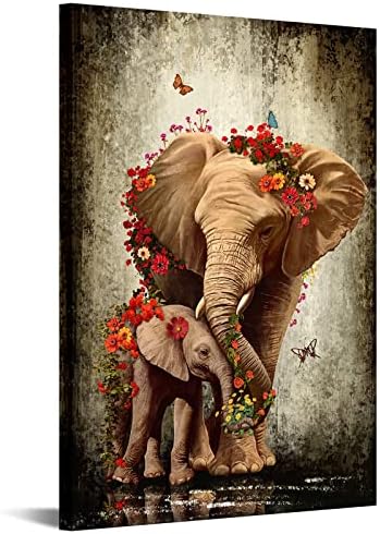 DuoBaorom Голям Платно със Слон, Стенно Изкуство, Ретро Цвете, Слон, Мама и Бебе, Боядисване с Животни, Произведение